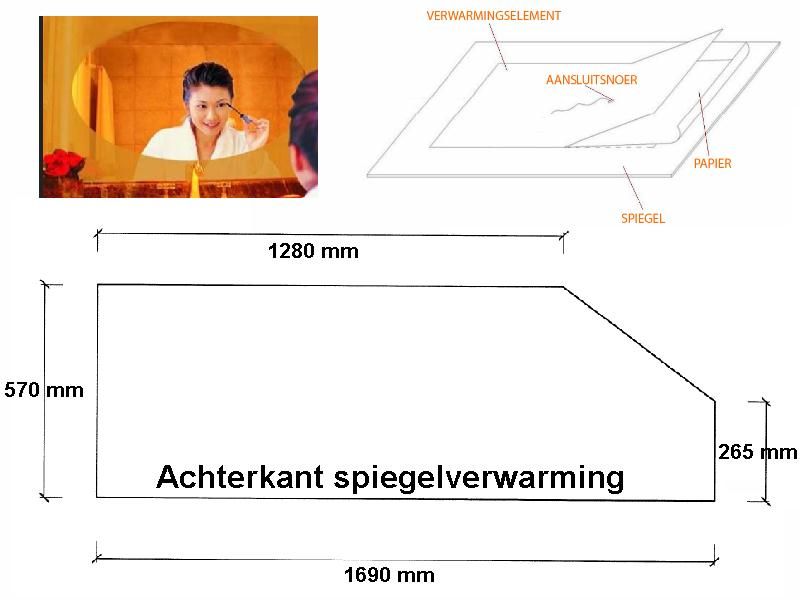 Badkamer spiegelverwarming, met schuine kant op maat, 24 volt